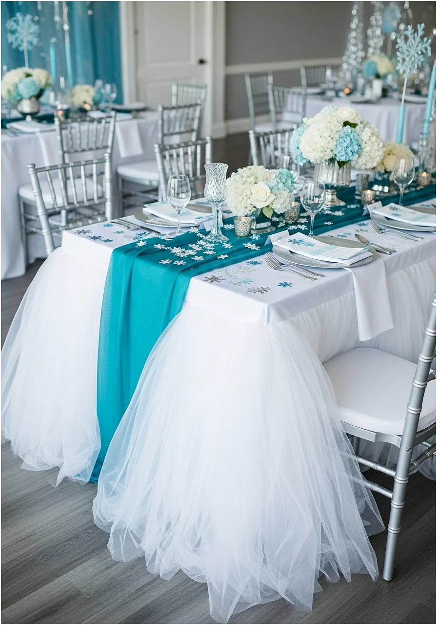 A festive table with a white tulle skirt and silver snowflake confetti.