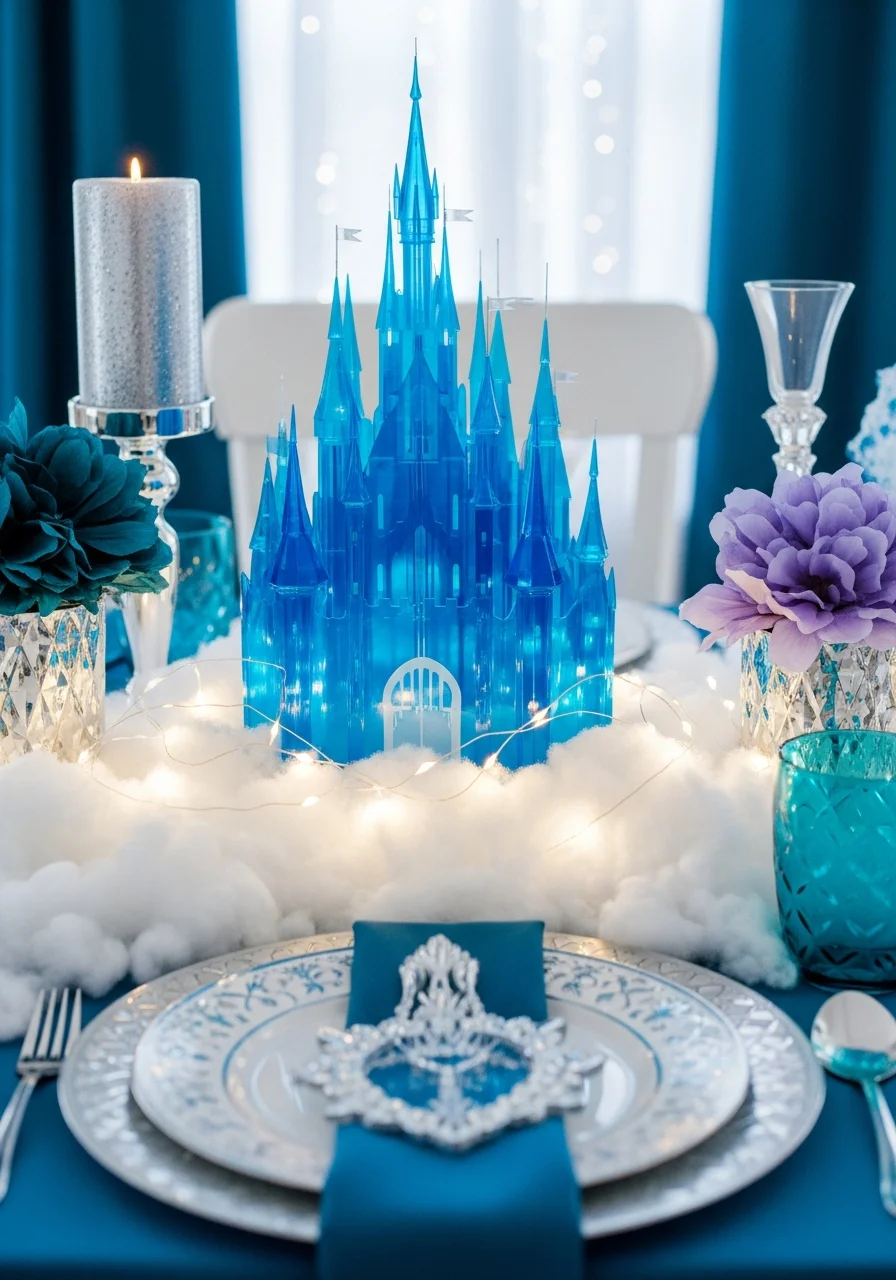 A blue acrylic castle centerpiece on a snowy base with lights.