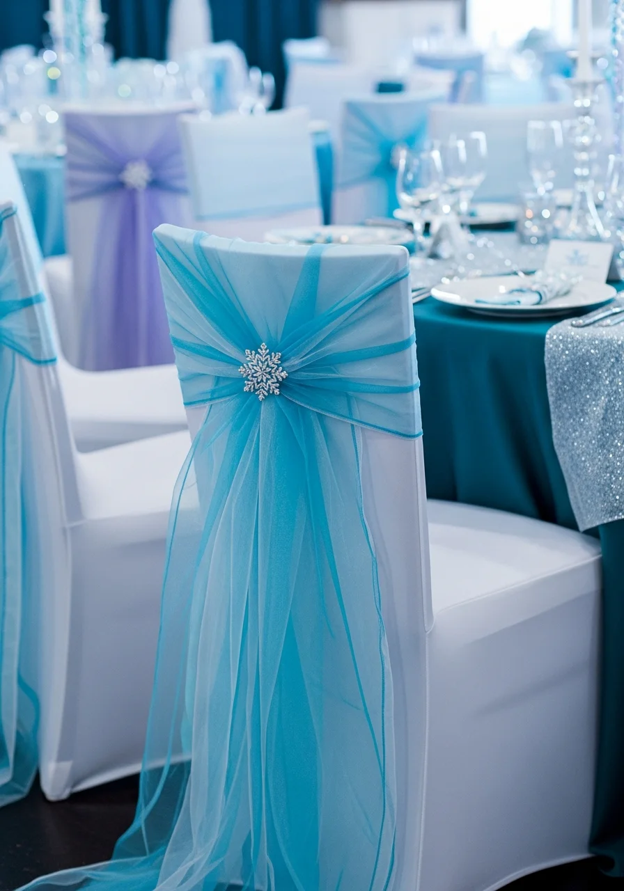 White chairs with light blue sheer capes and snowflake clips.