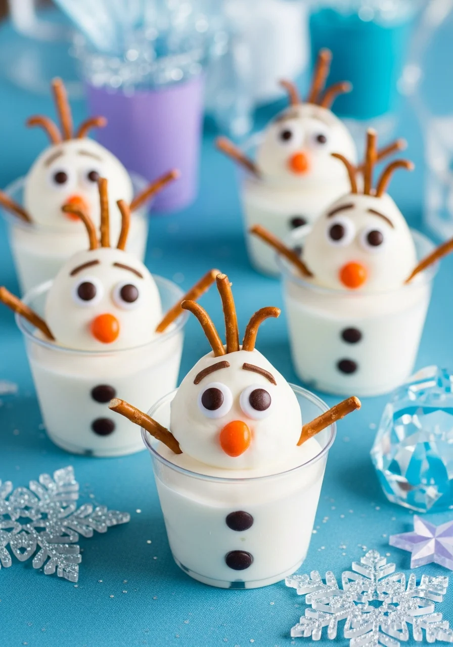 Yogurt cups decorated with chocolate eyes and orange candy noses.