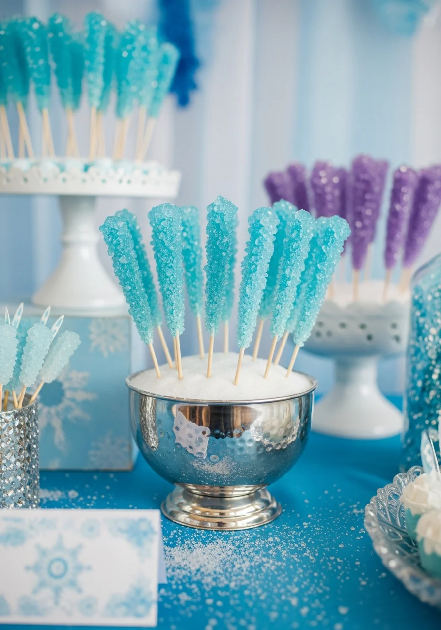 Blue rock candy sticks arranged in a silver bowl.