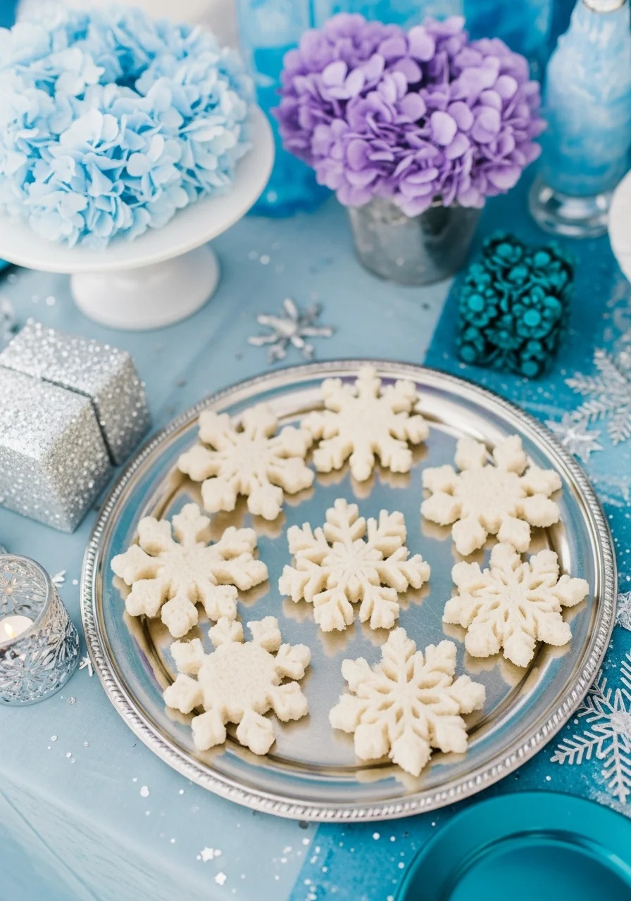 Sandwiches cut into snowflake shapes on a silver tray.