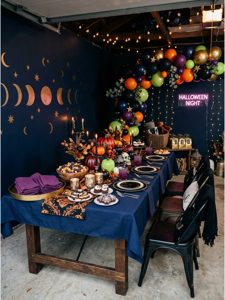 Celestial midnight themed party decor in a garage.