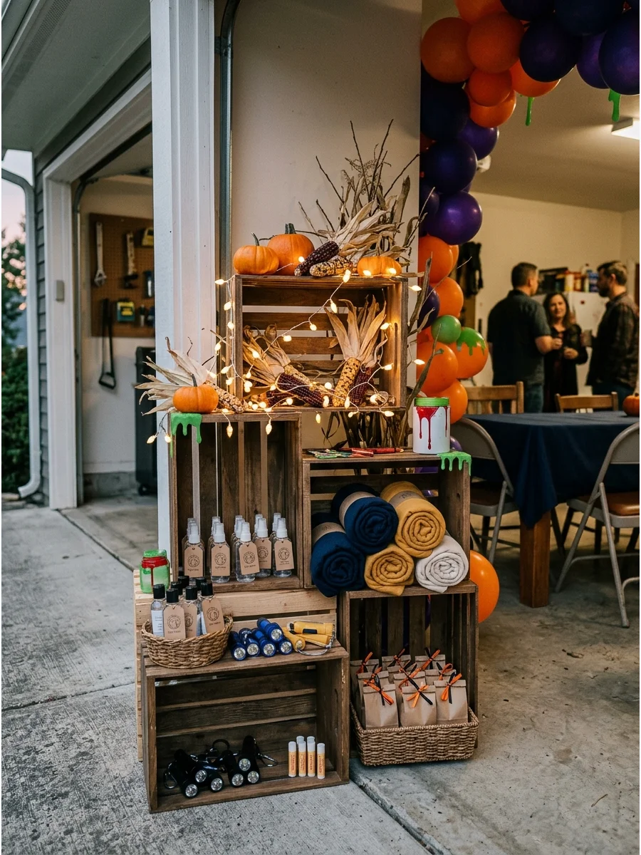 Autumn pumpkin patch display at a garage entrance.