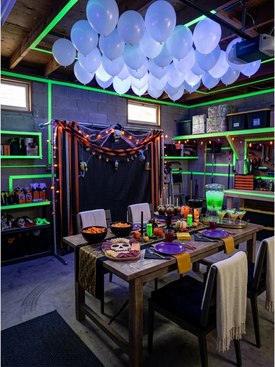 Garage party with neon decorations and blacklight.