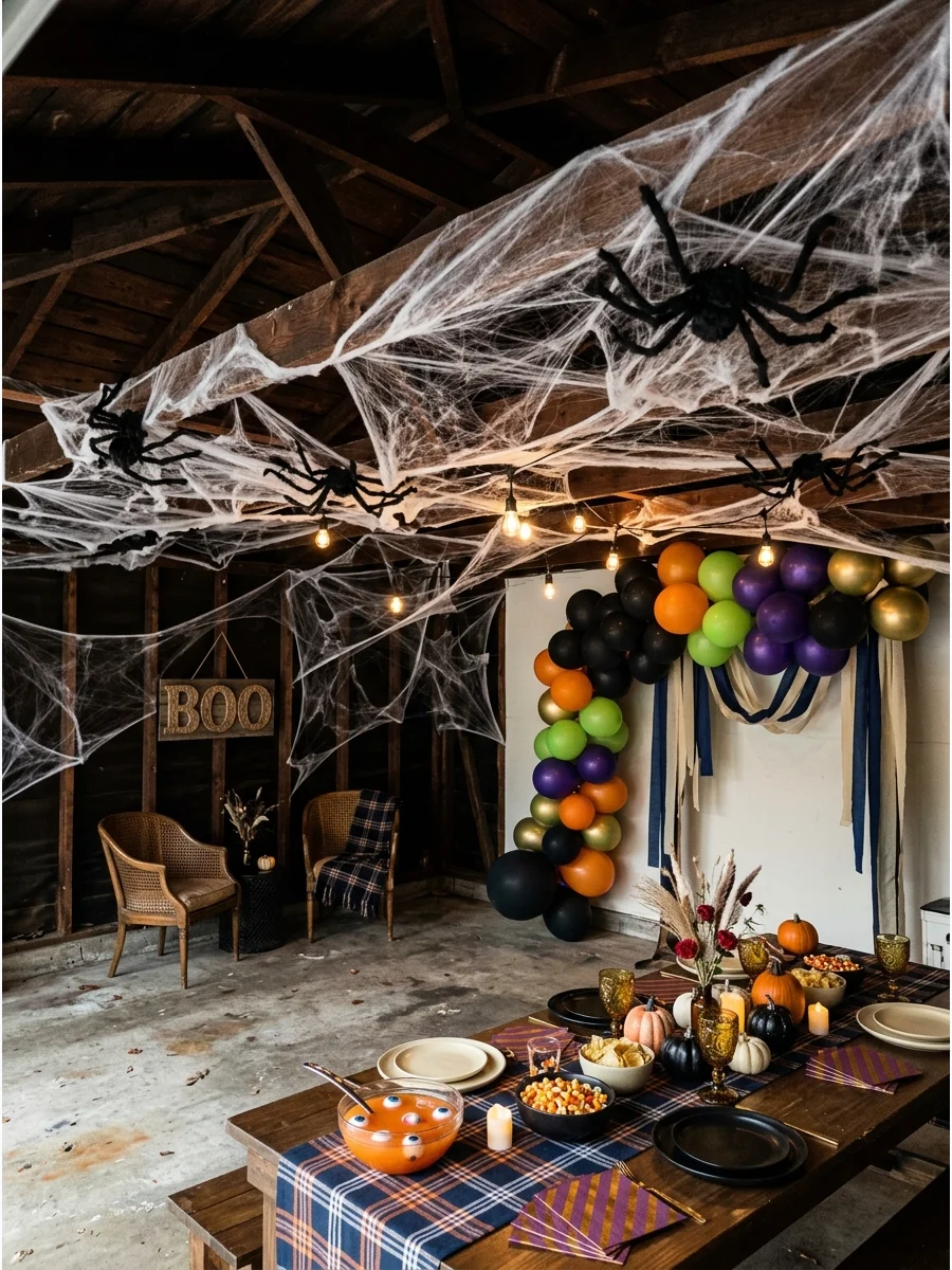 Garage ceiling covered in thick faux spiderwebs.