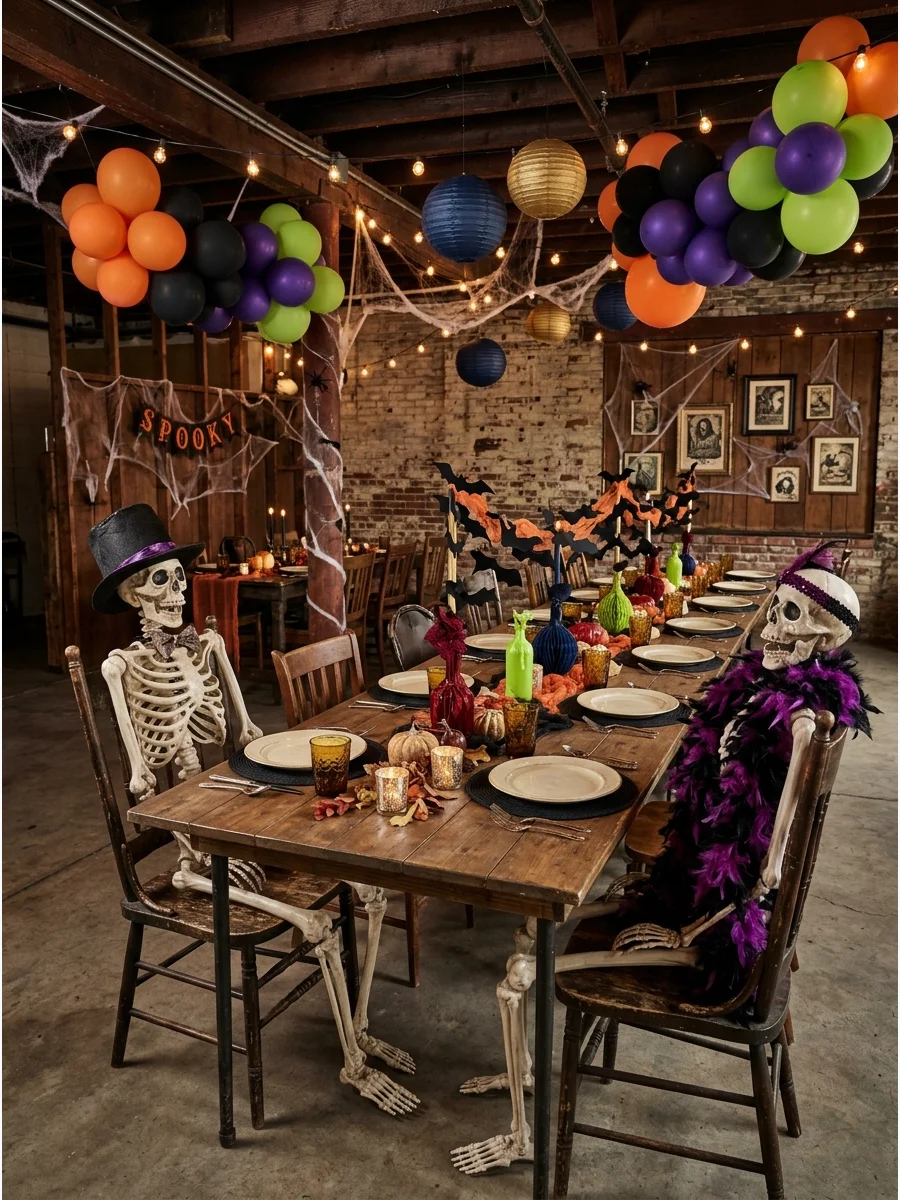 Skeletons dressed in costumes sitting at a dinner table.