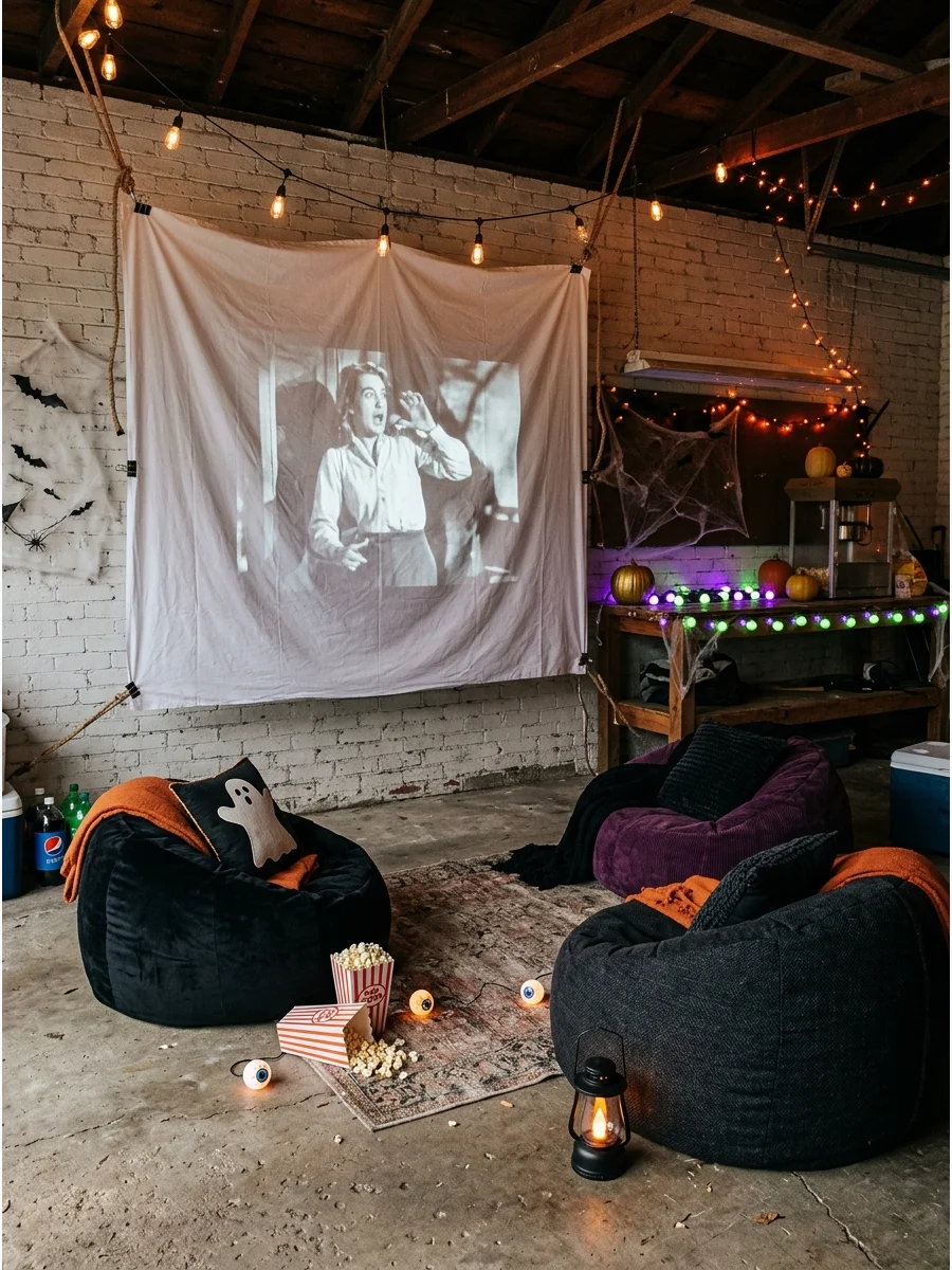 Movie projection on a garage wall with seating.