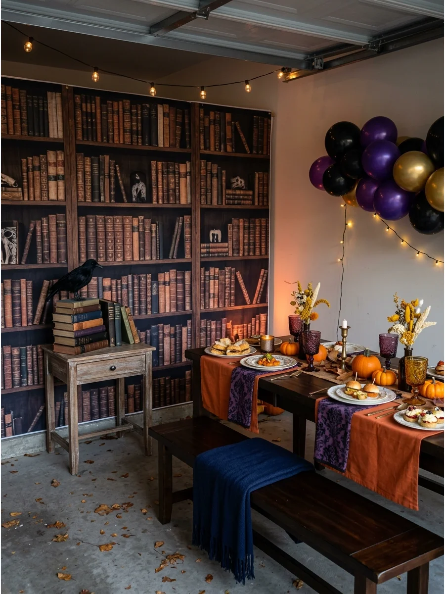 Library themed wall with books and a raven.