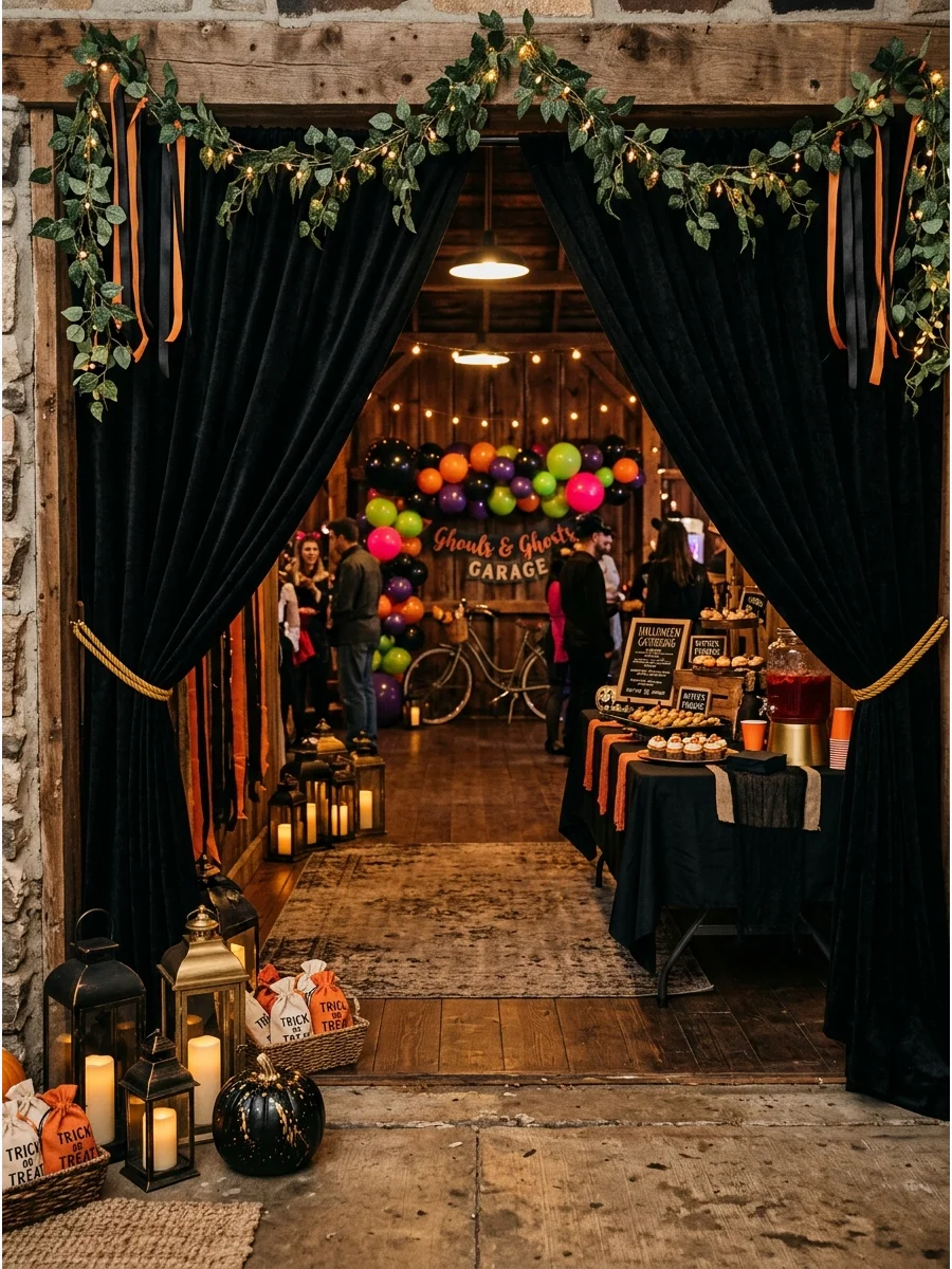 A draped entrance to a garage party with lanterns.