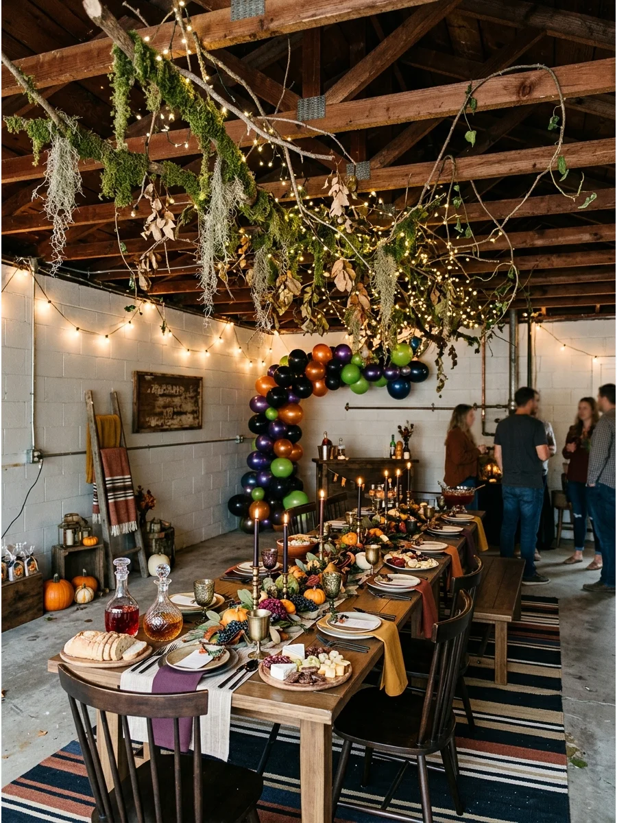 Forest themed decorations hanging from garage ceiling.