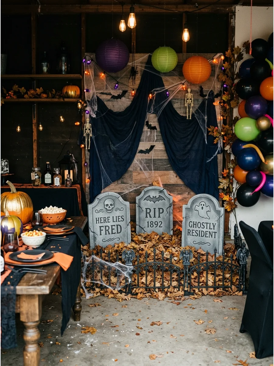 Small graveyard display along a garage wall.