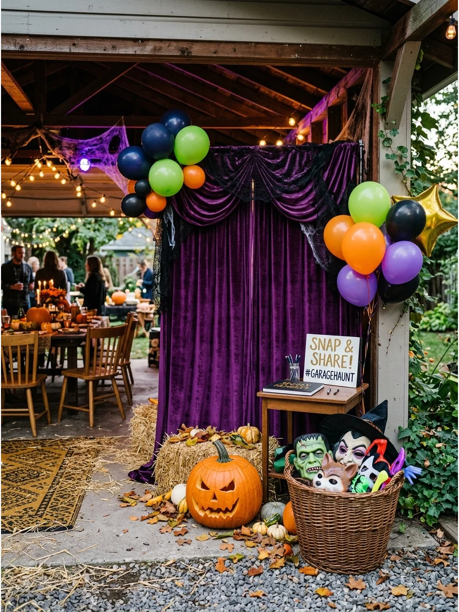 Photo booth setup with a purple curtain and props.