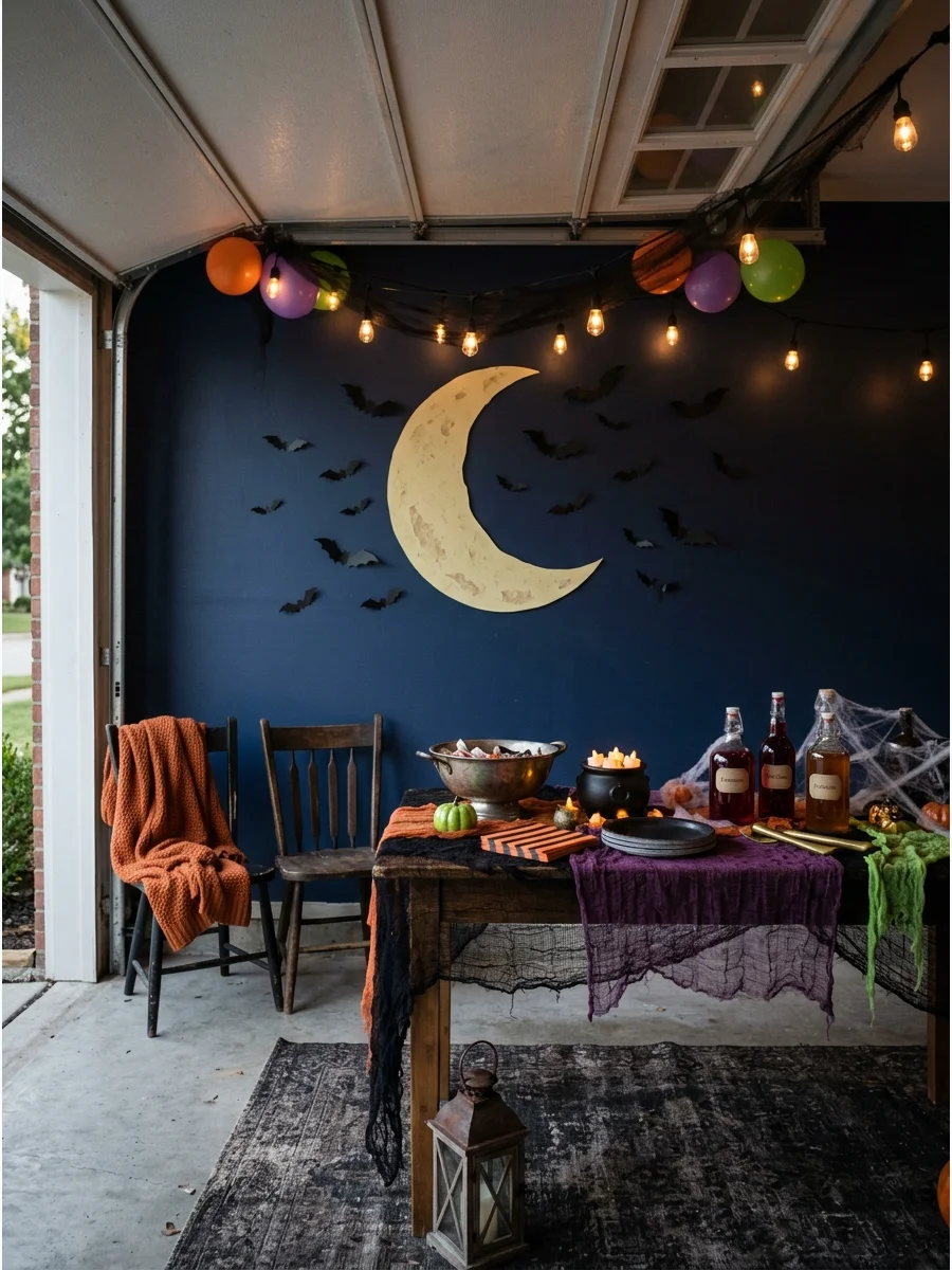 Large moon decoration on a dark wall with bats.