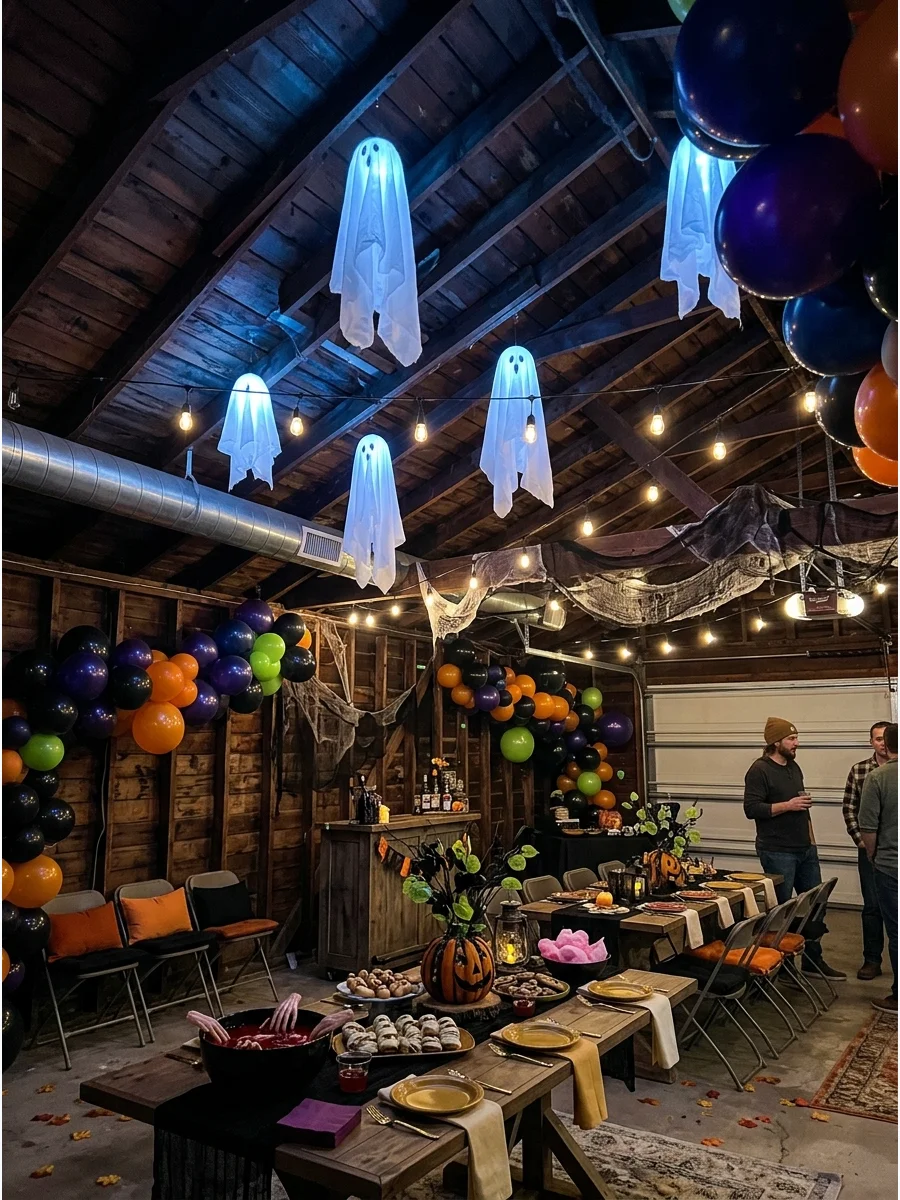 Fabric ghosts hanging from the ceiling with fishing line.