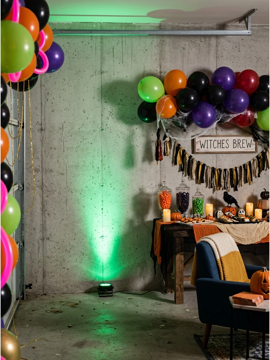 Green LED uplighting on a garage wall.