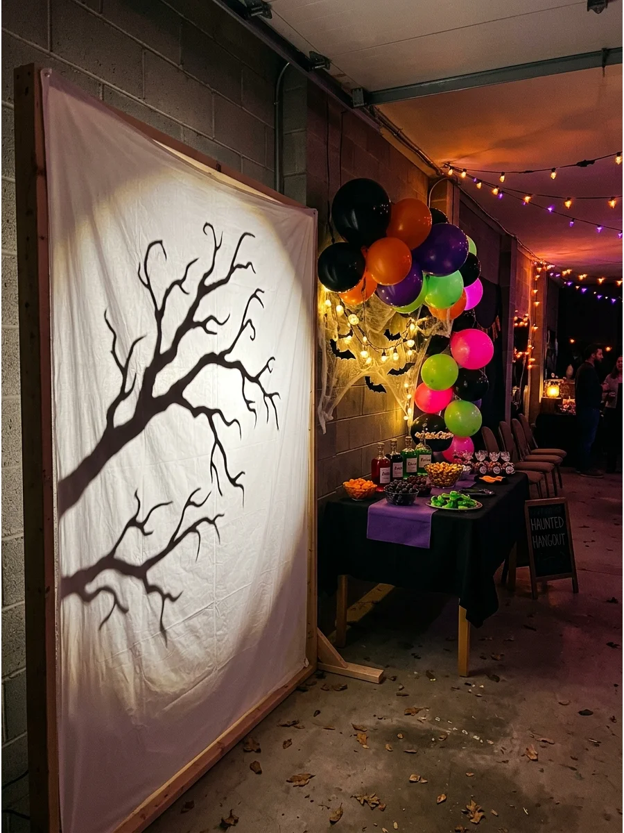 Shadow of a tree branch on a white fabric screen.