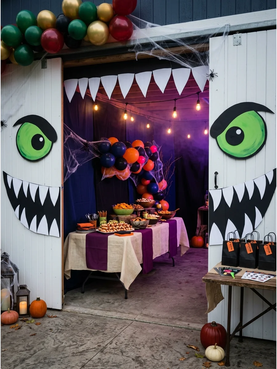 Garage door decorated to look like a monster face.