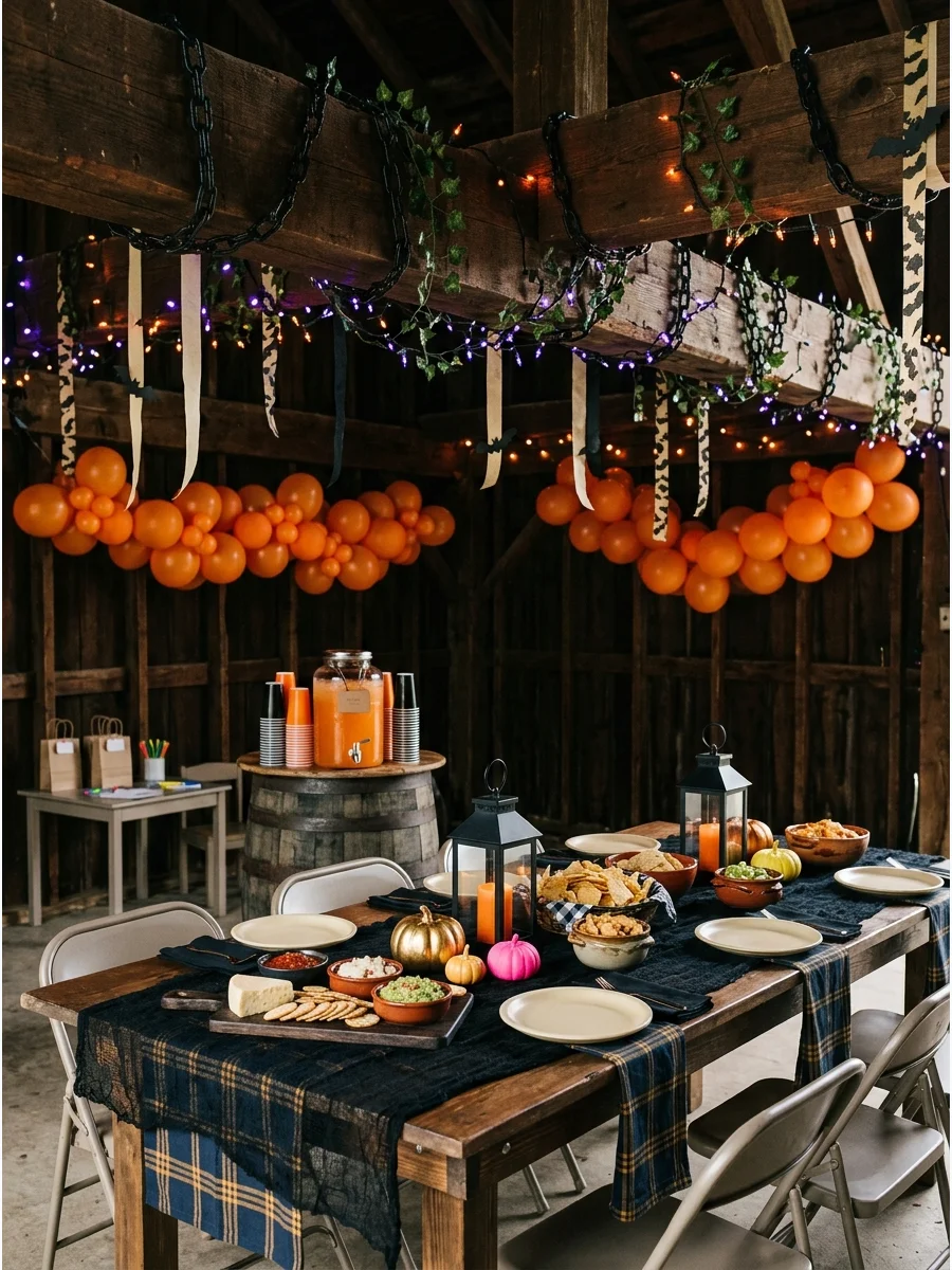 Exposed garage beams decorated with chains and ivy.