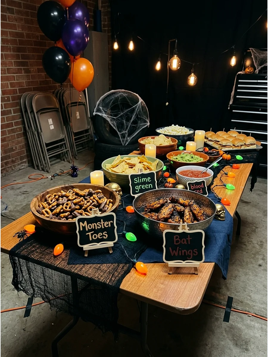 Snack table with monster themed food labels.