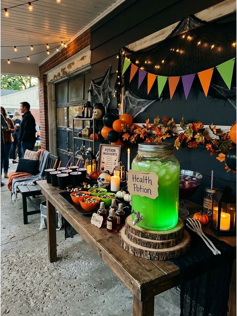 Drink dispenser with green liquid and a potion label.