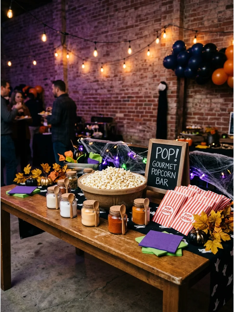 Popcorn bar with seasonings and striped bags.