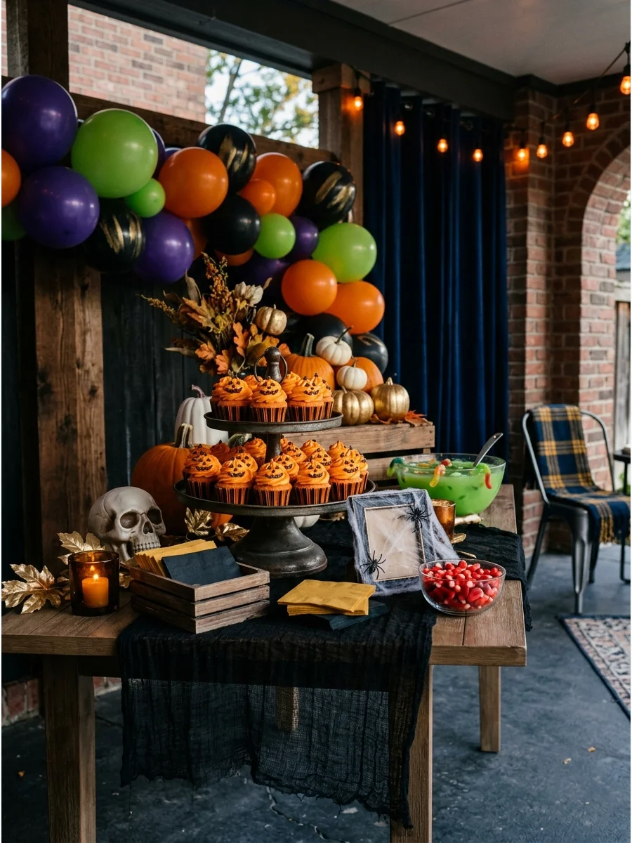 Cupcakes decorated to look like pumpkins on a table.