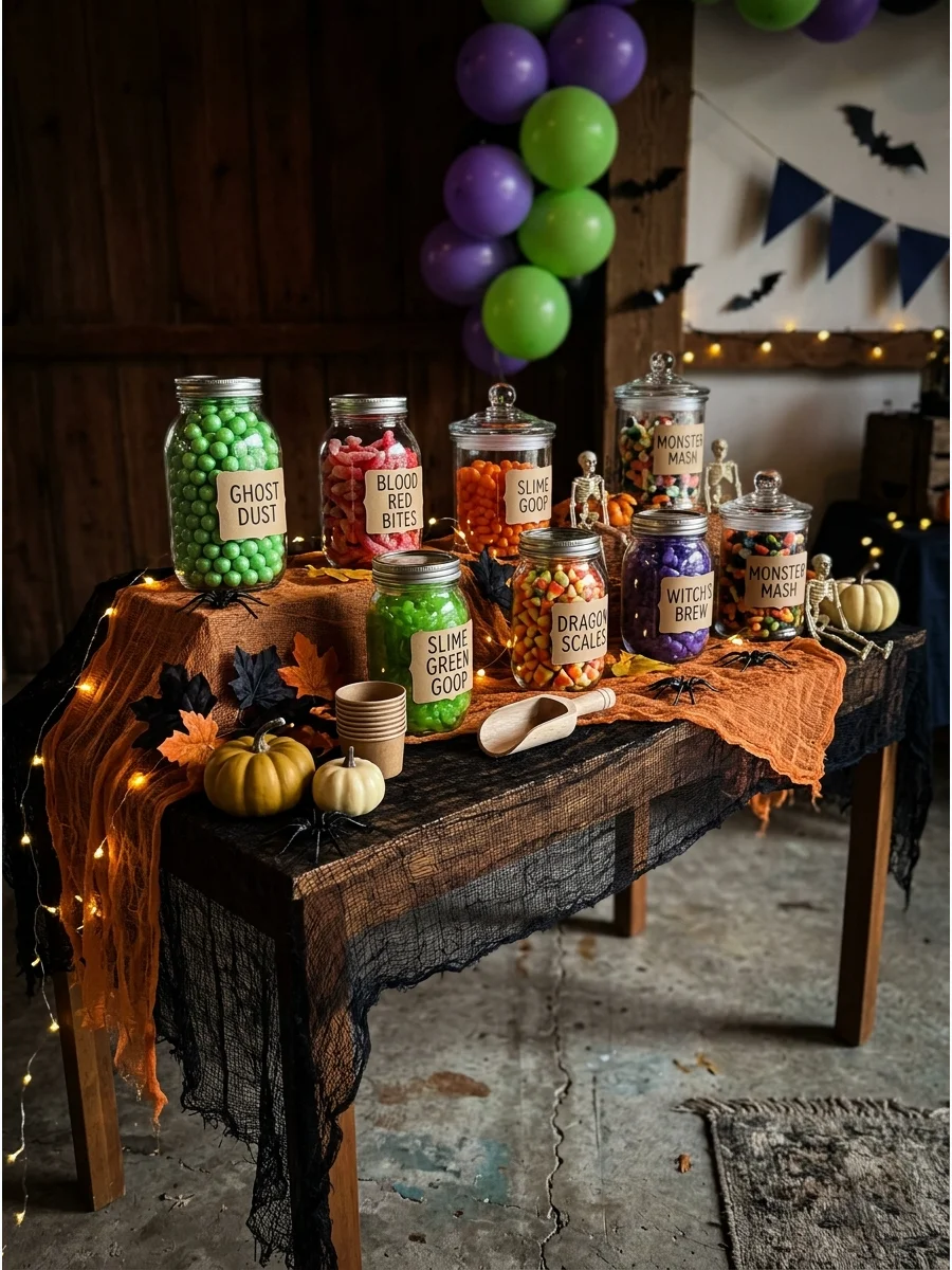Candy station with jars labeled as laboratory ingredients.