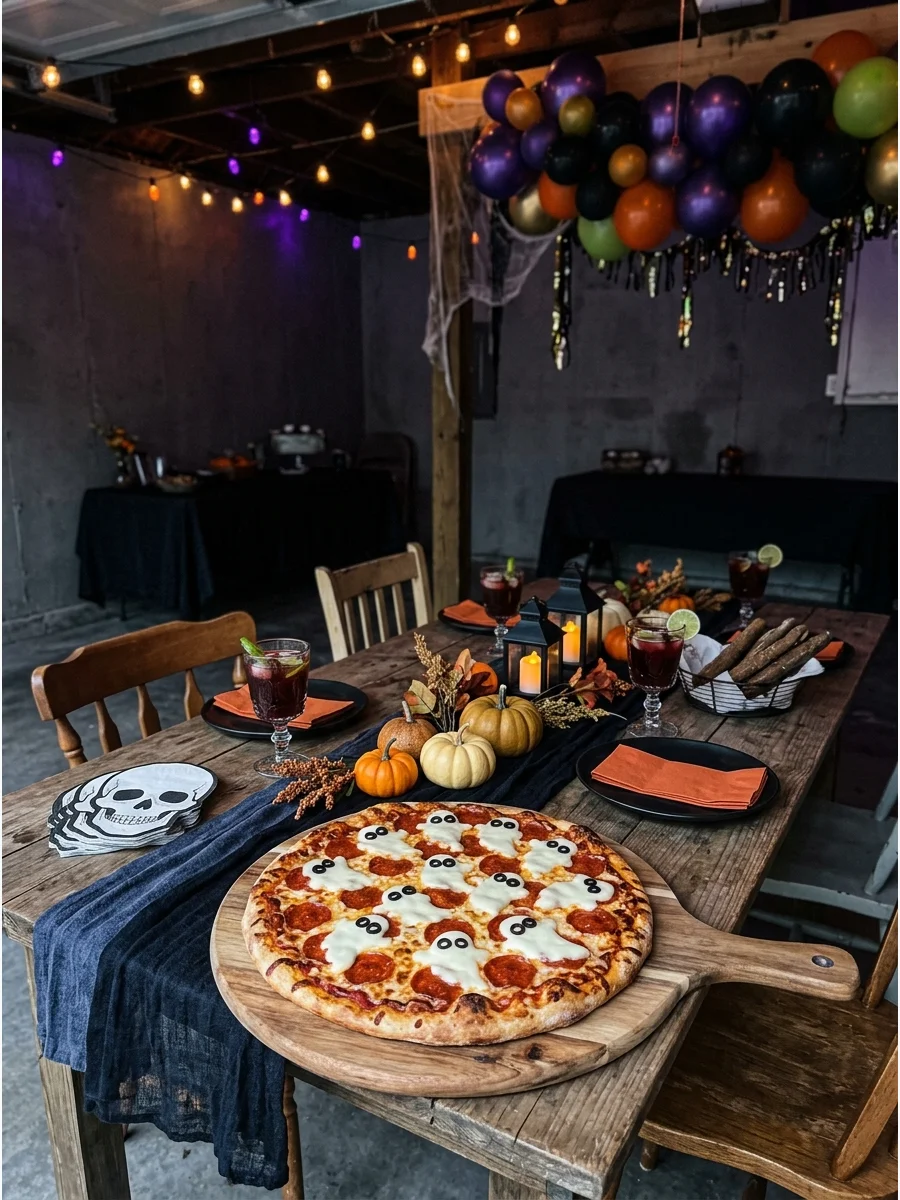 Pizza with mozzarella cheese ghosts and olive eyes.