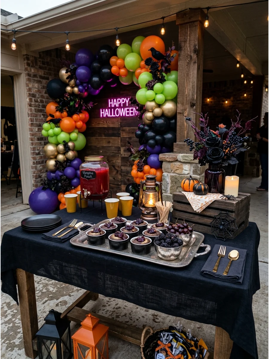 Elegant dessert table with black and silver decor.