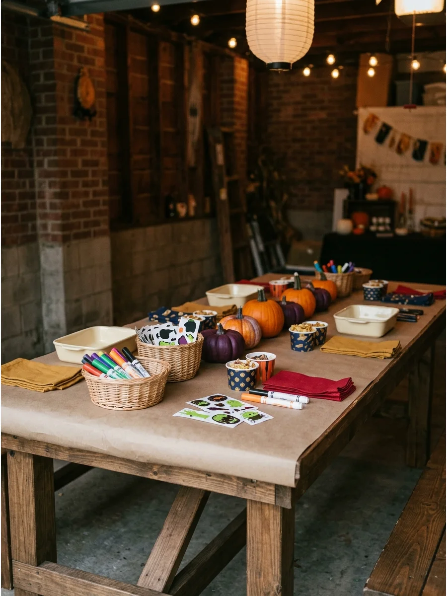 Table set up for pumpkin decorating with markers.