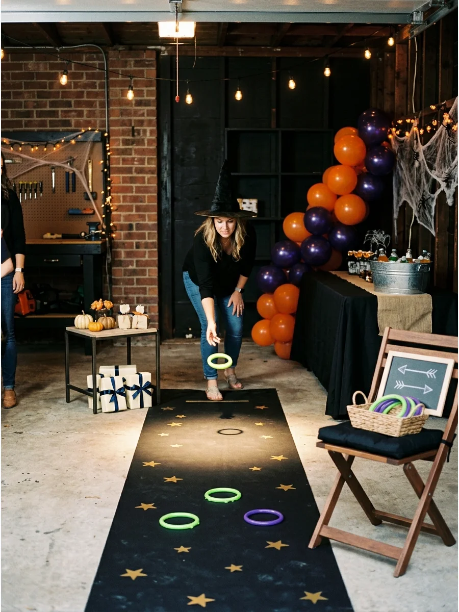 A small costume runway area in a garage.
