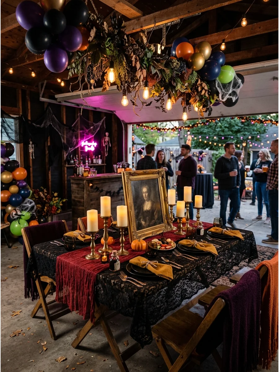 Gothic Victorian table setting with red fabric and frames.