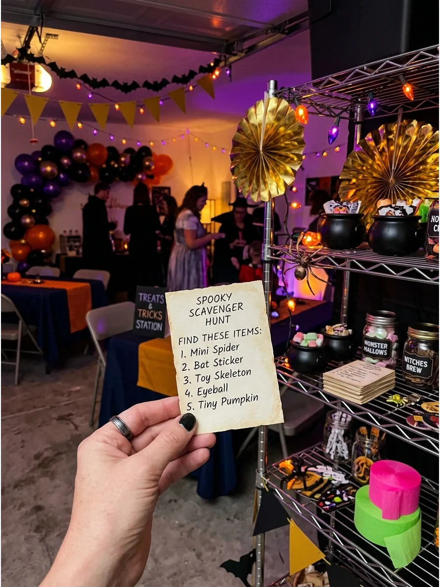 A hand holding a scavenger hunt list in a decorated garage.