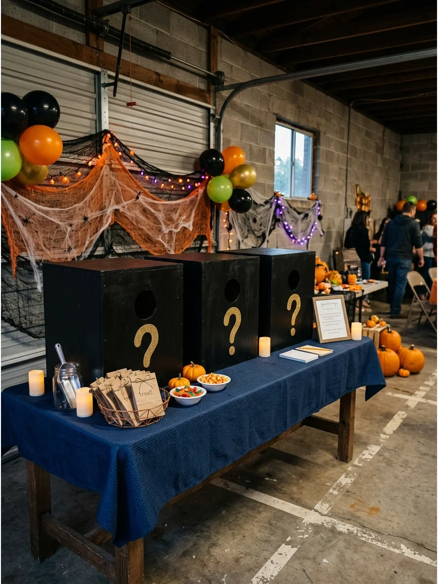 Mystery touch boxes with question marks on a table.