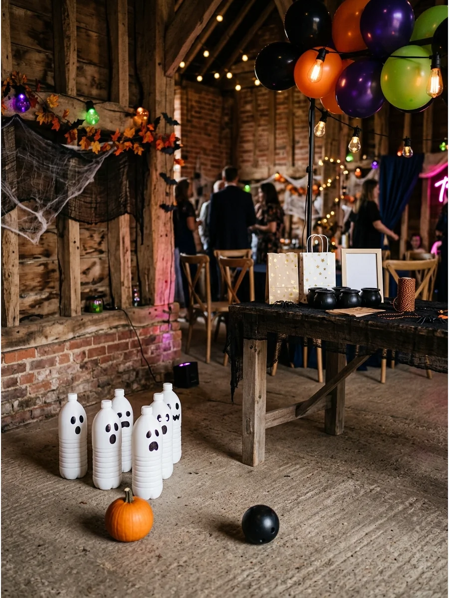 Ghost bowling pins and a pumpkin on a garage floor.