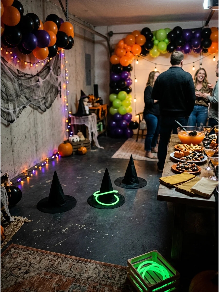 Witch hat ring toss game with glowing rings.