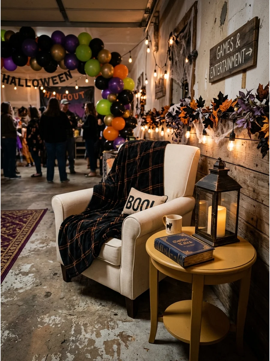A cozy reading chair and lantern in a dark corner.