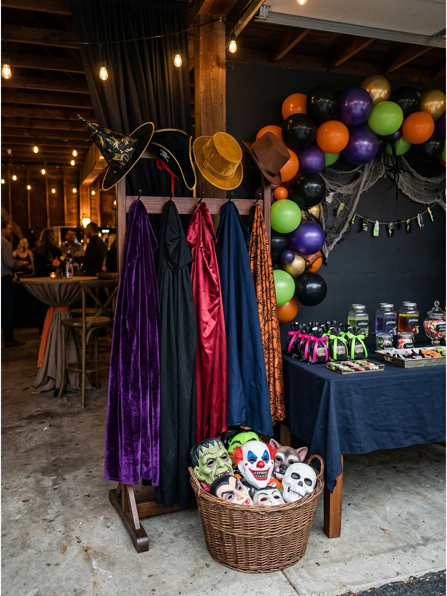 Rack of costume accessories and a basket of masks.