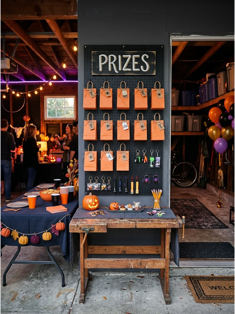 Pegboard prize wall with small orange bags.