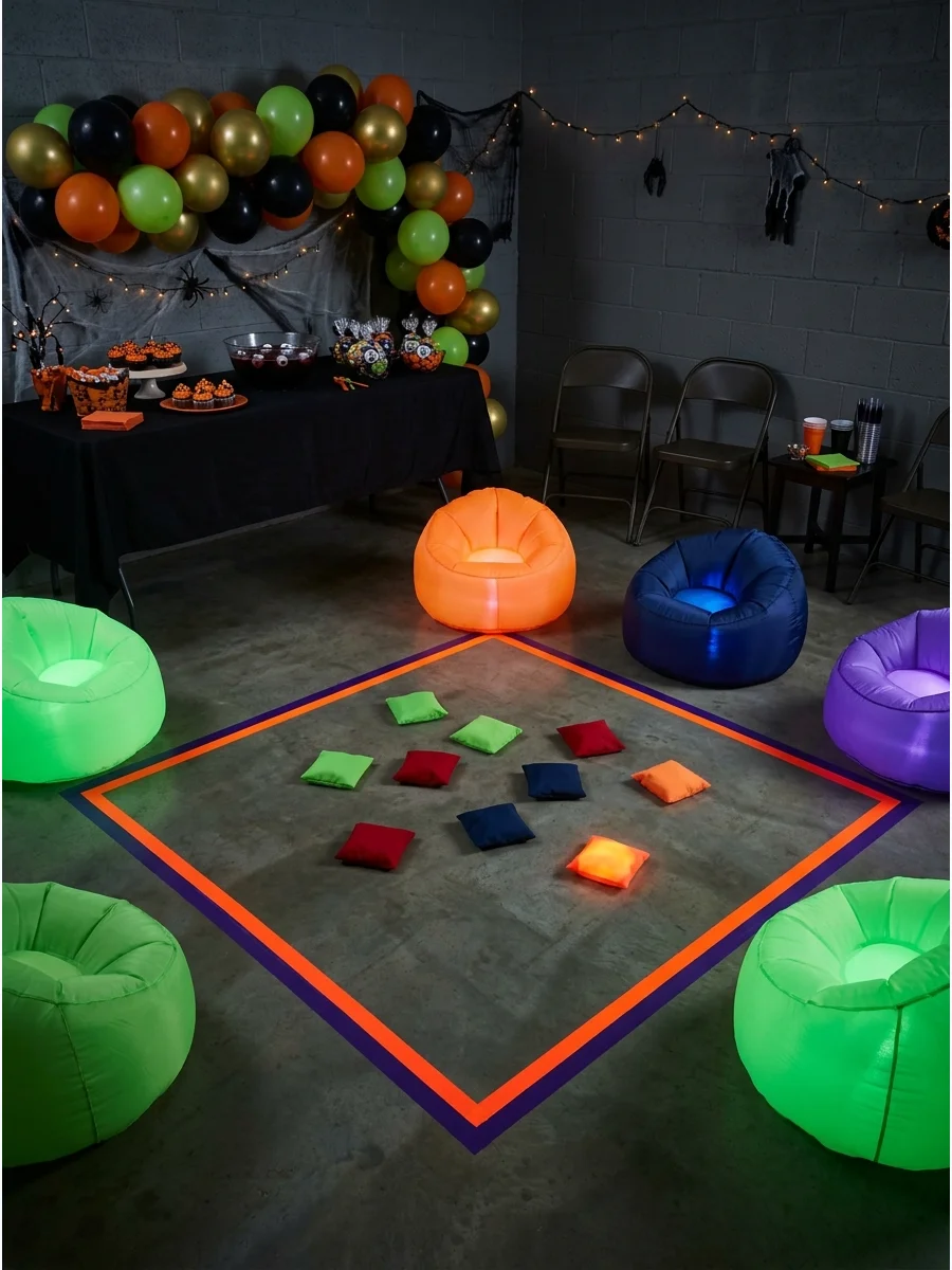 Glow in the dark game area on a garage floor.