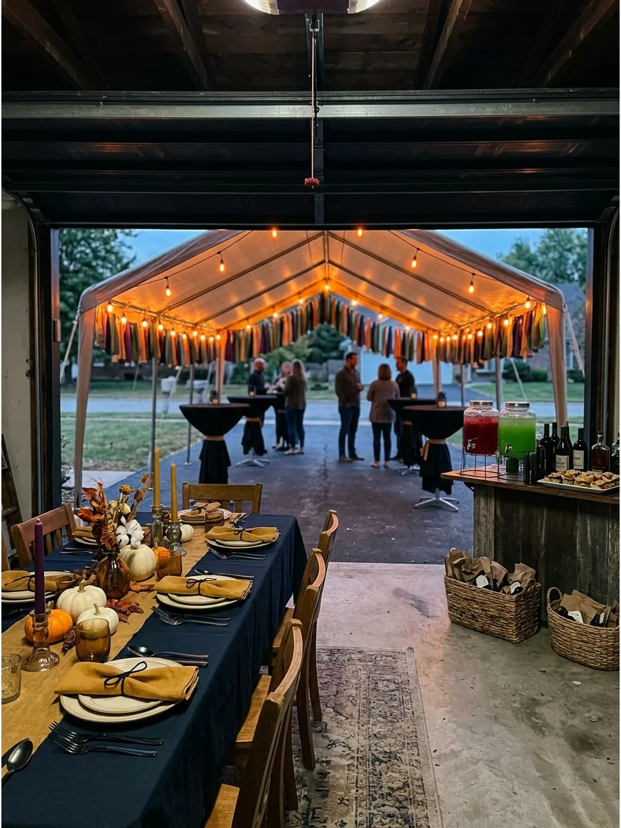 Driveway extension of a garage party with a tent.