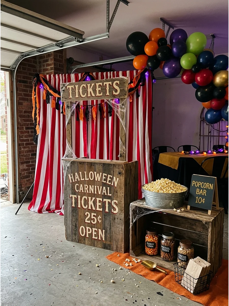 Vintage carnival themed corner in a garage.
