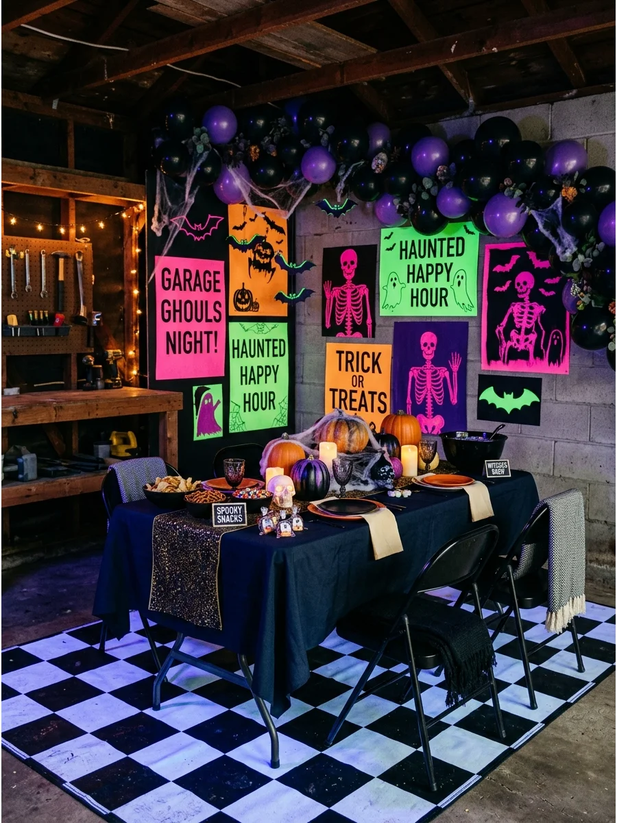 Neon 90s themed Halloween party setup in a garage.