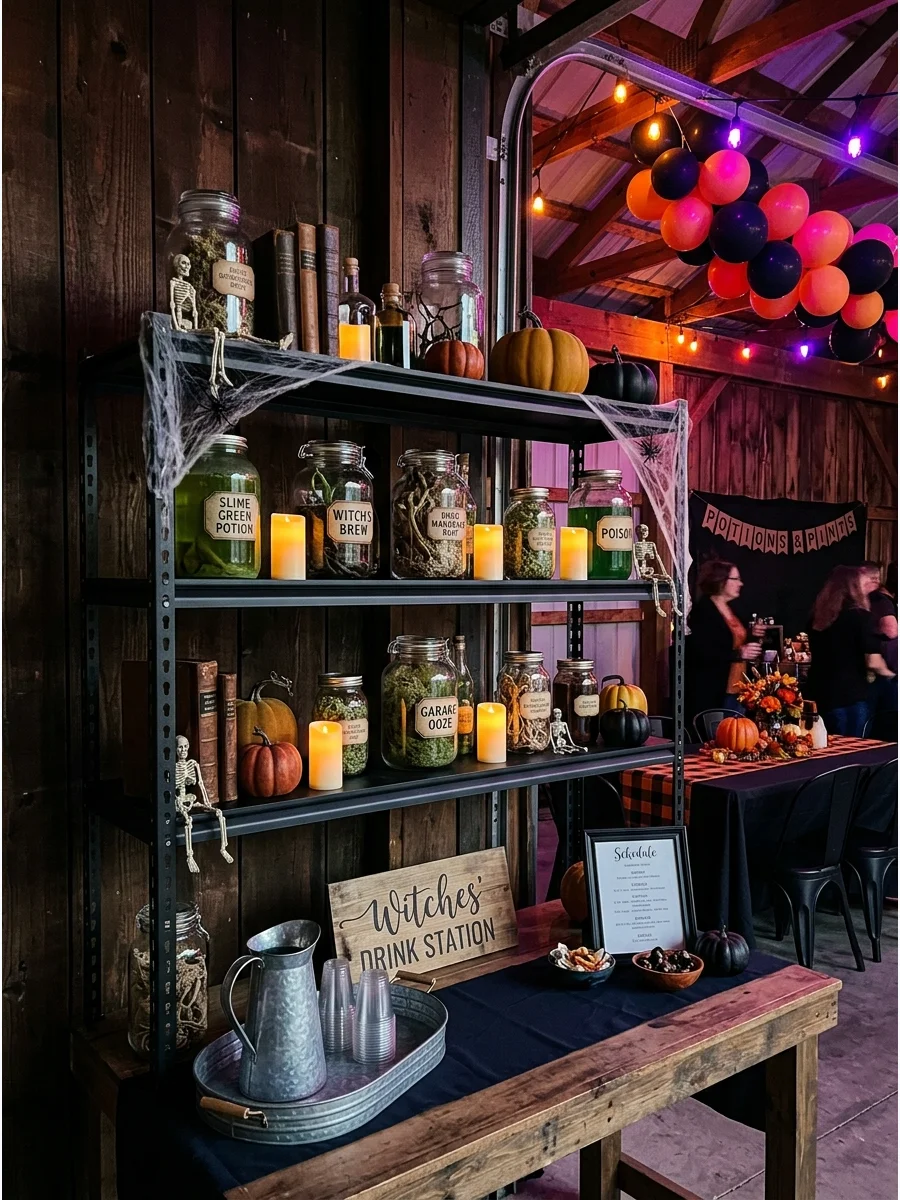 Metal shelves decorated like a witch's apothecary.