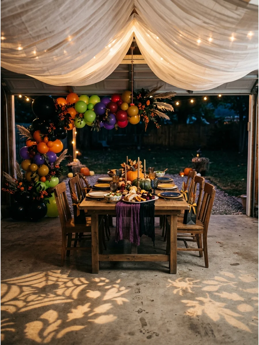 Open dance floor area in a garage with hanging fabric.