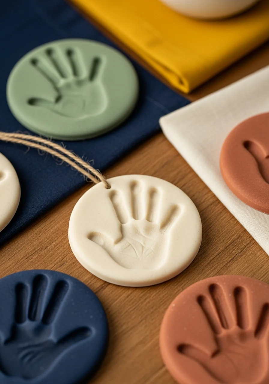A circular salt dough ornament with a child's handprint pressed into the center.