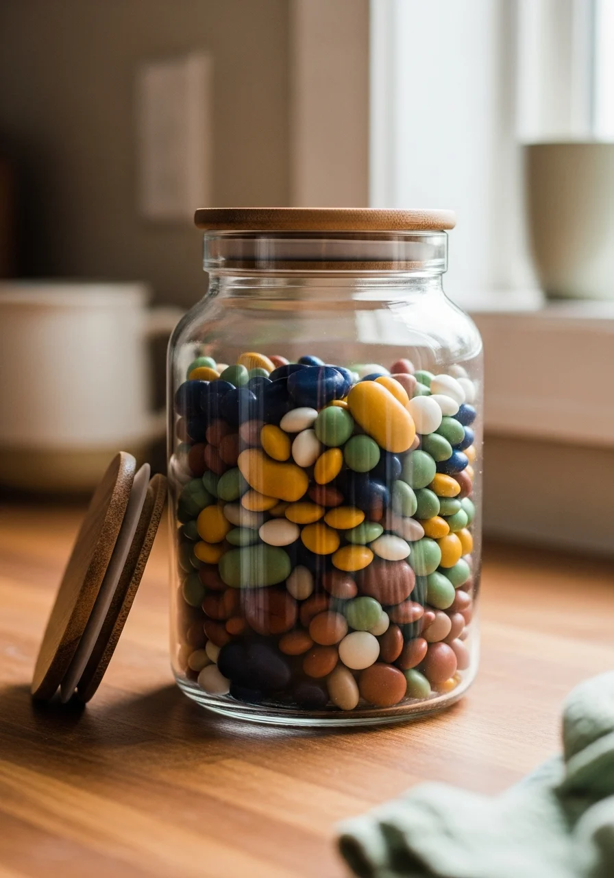 A glass jar full of candy with a wooden lid on a counter.