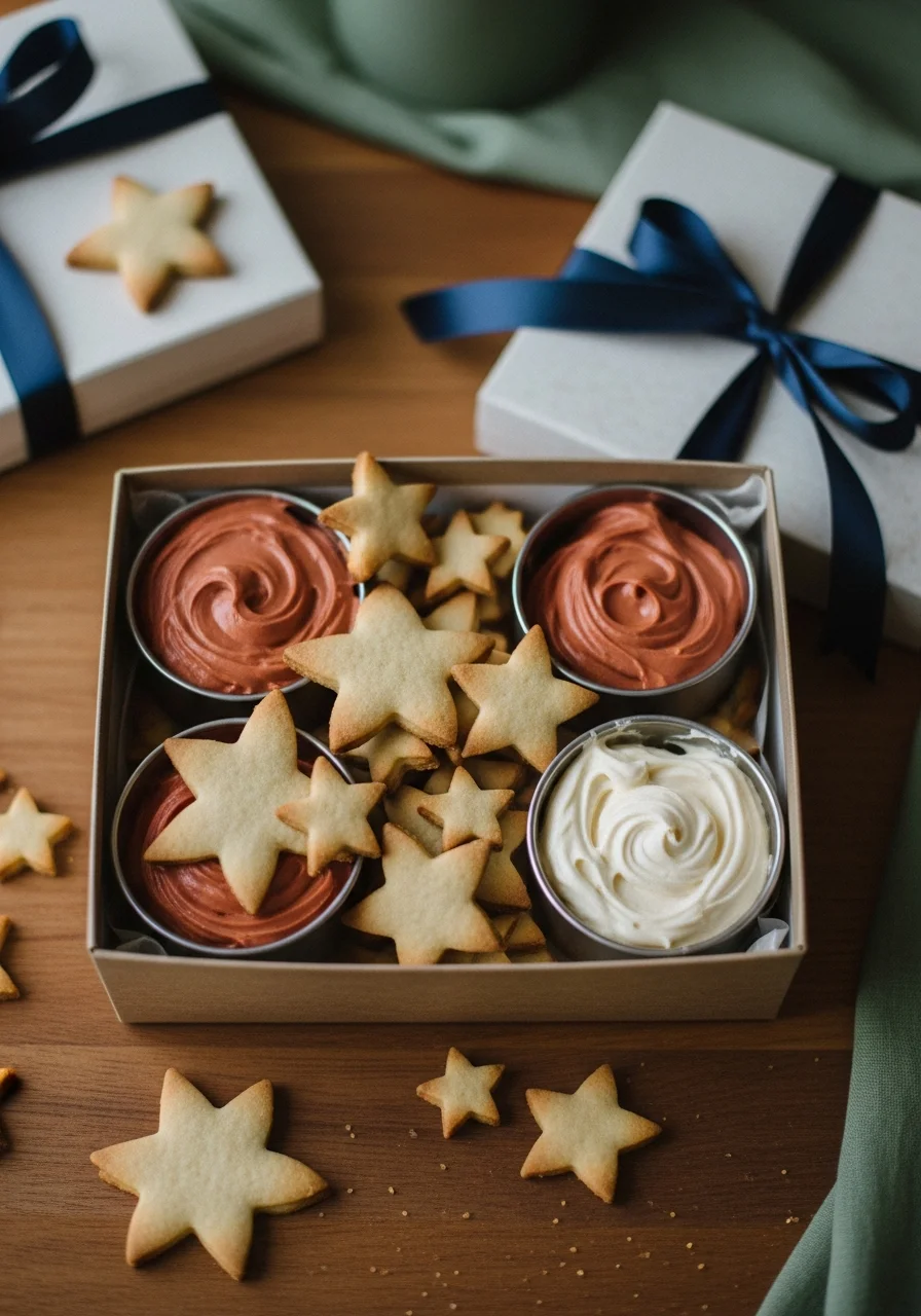 A cookie decorating kit with icing and star-shaped cookies in a box.
