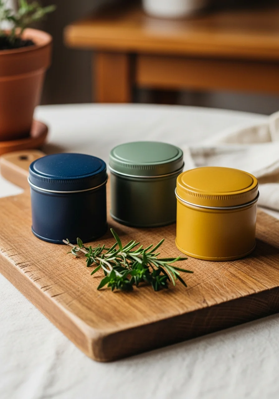 Small metal spice containers on a wooden cutting board.